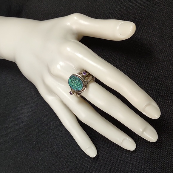Peacock Druzy Quartz w/Amethyst Sterling Silver Ring - Picture 2 of 12
